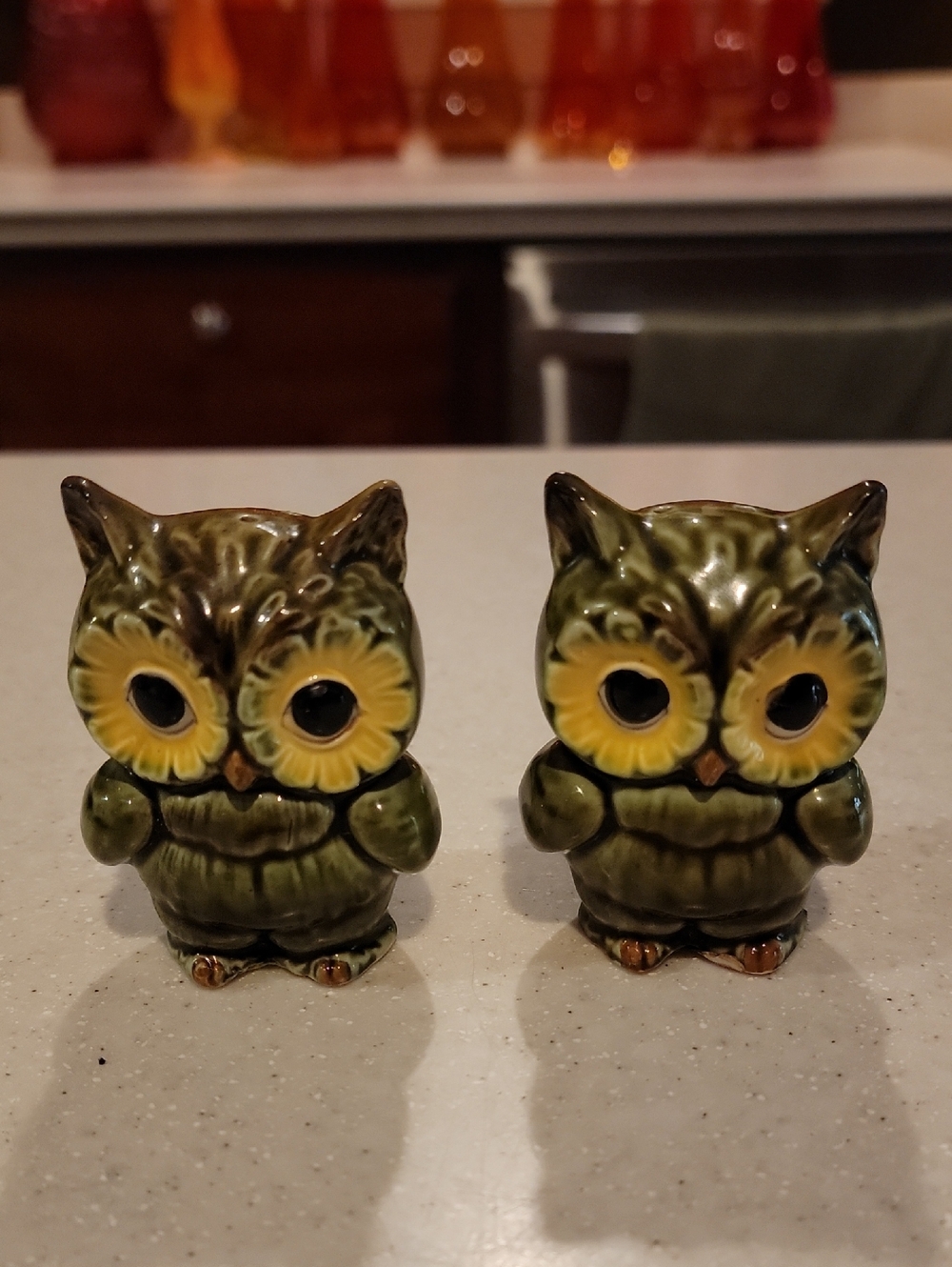 Green Ceramic Owl Salt & Pepper Pair - Decorative Home Accent Lefton 1970s JAPAN